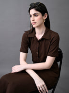Myshka Women's Elegant Coffe Midi Dress With Collared Neckline | Grocsy