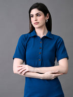 Myshka Women's Elegant Blue Midi Dress With Collared Neckline | Grocsy