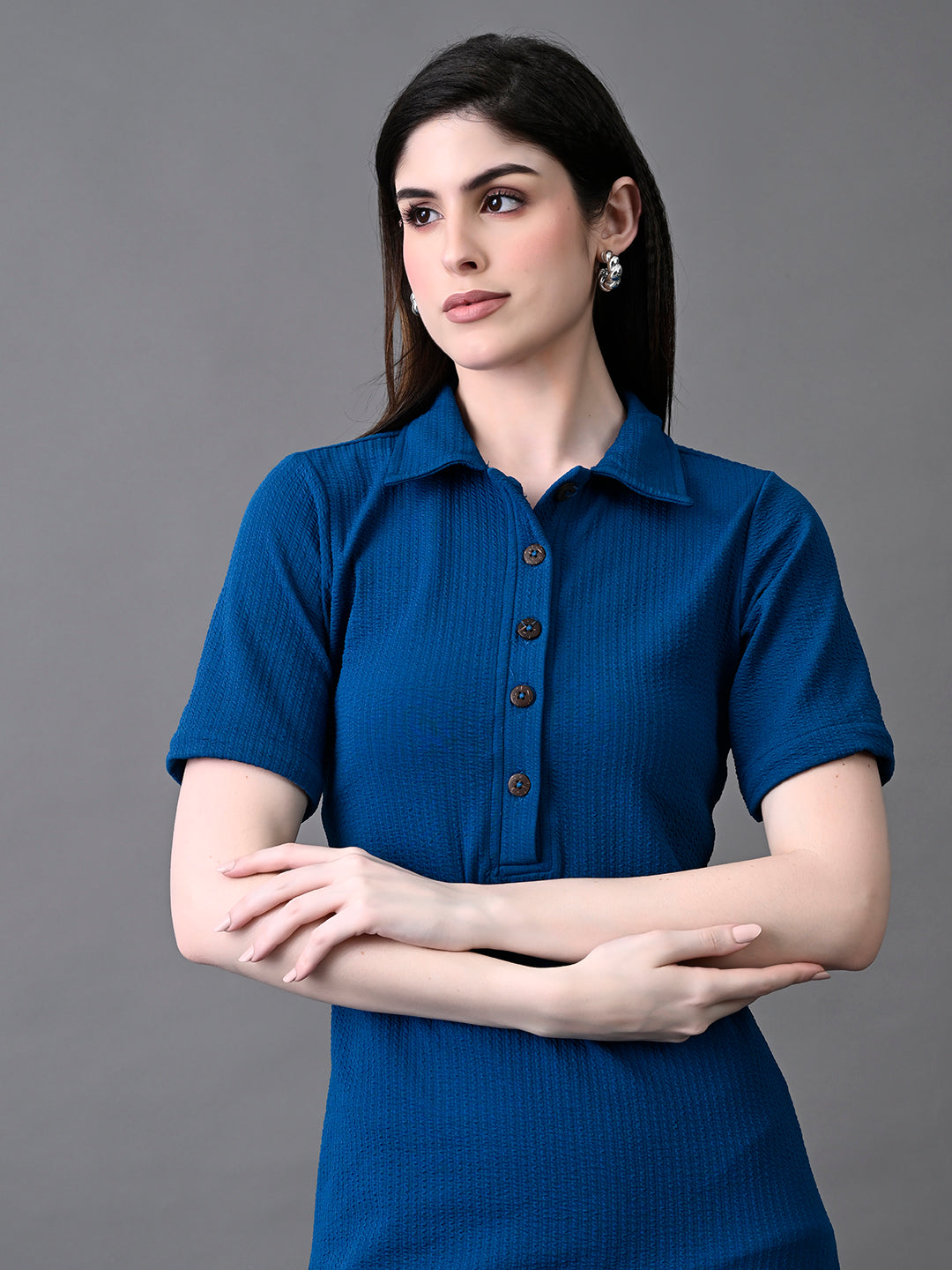 Myshka Women's Elegant Blue Midi Dress With Collared Neckline | Grocsy