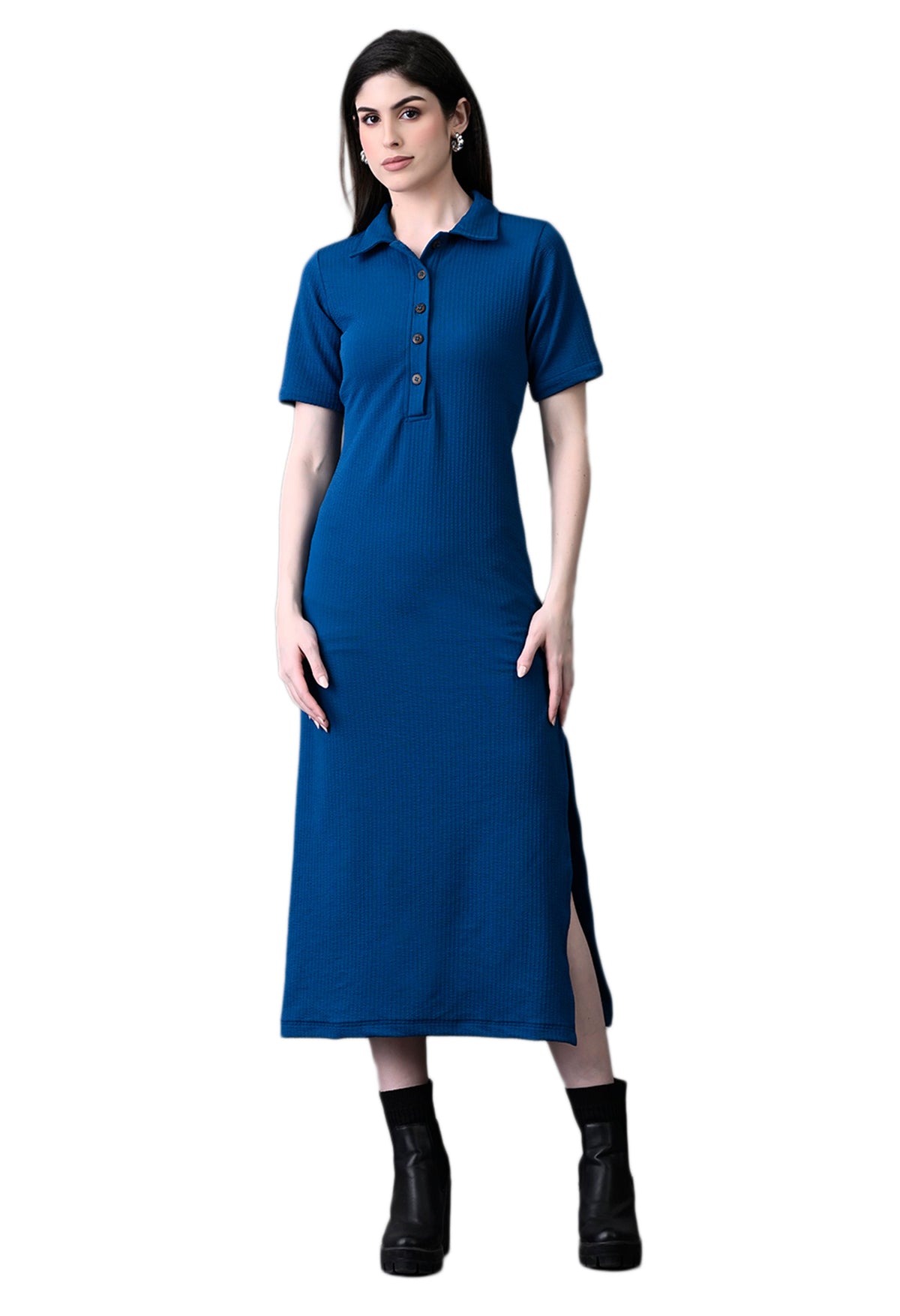 Myshka Women's Elegant Blue Midi Dress With Collared Neckline | Grocsy