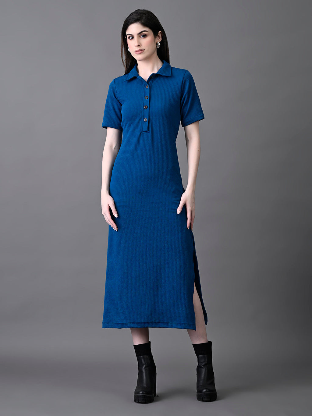 Myshka Women's Elegant Blue Midi Dress With Collared Neckline | Grocsy