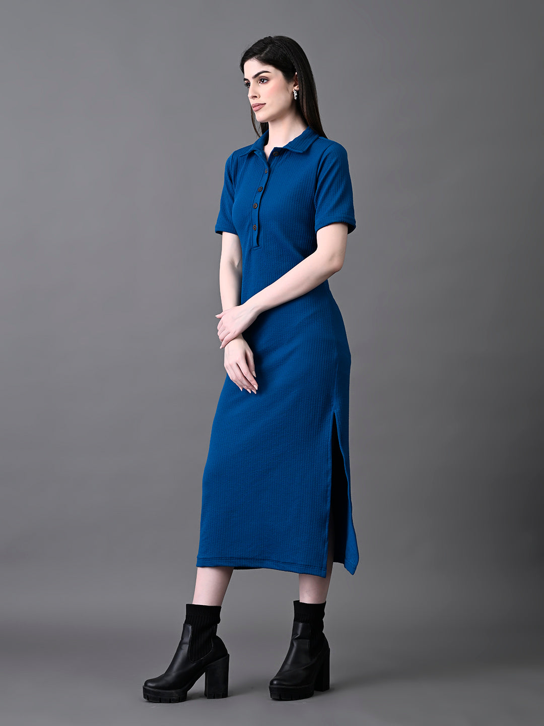 Myshka Women's Elegant Blue Midi Dress With Collared Neckline | Grocsy
