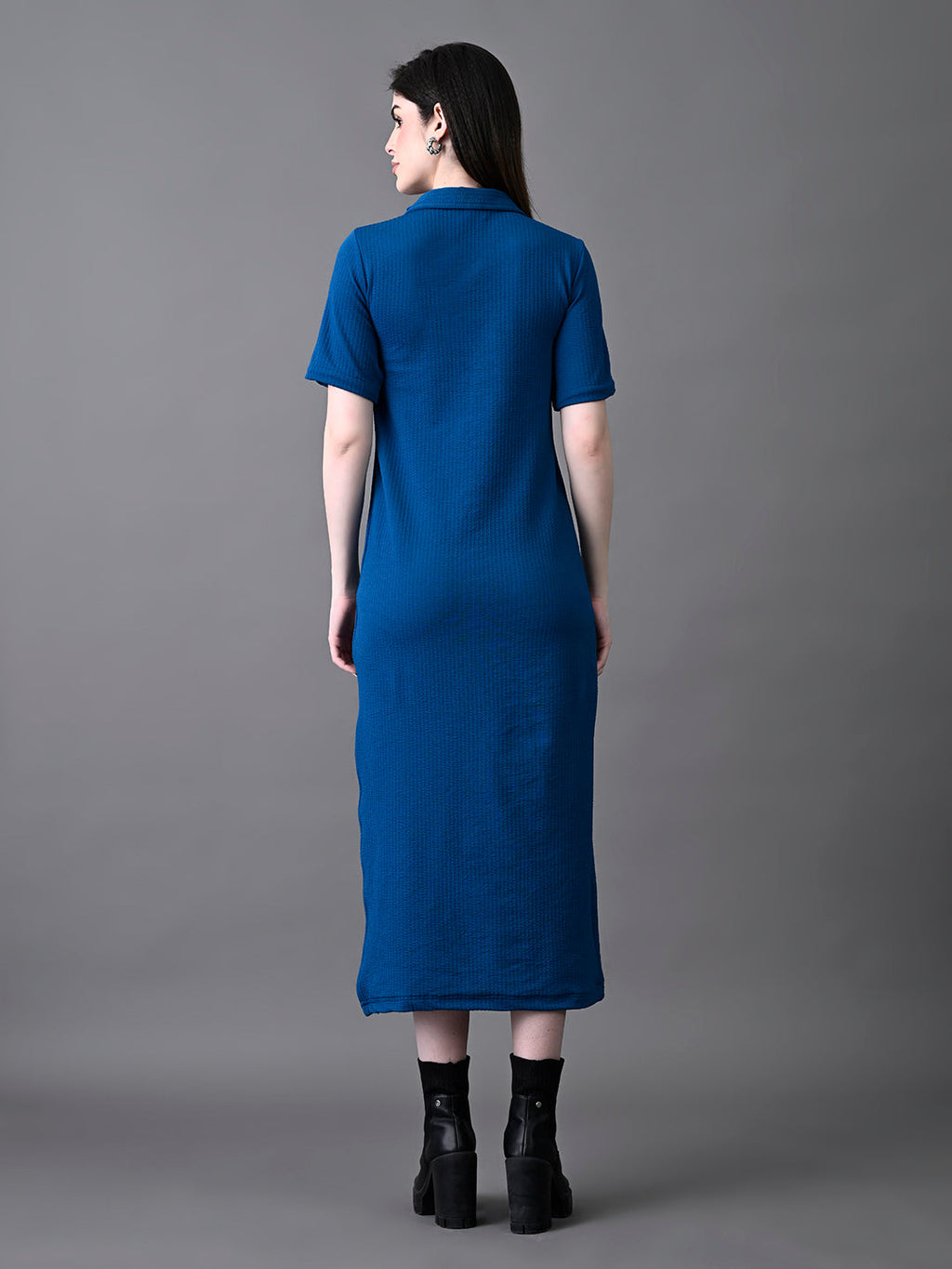 Myshka Women's Elegant Blue Midi Dress With Collared Neckline | Grocsy