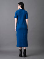 Myshka Women's Elegant Blue Midi Dress With Collared Neckline | Grocsy