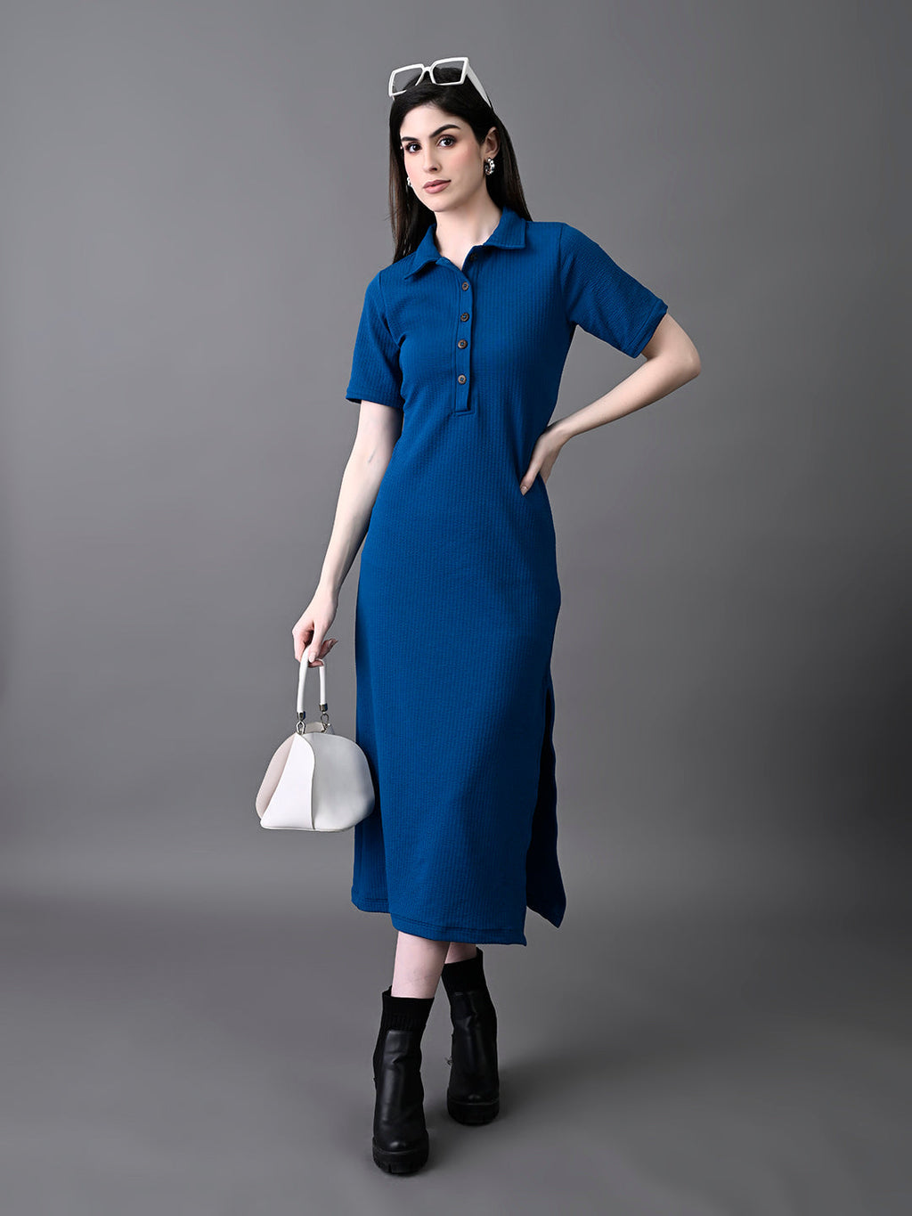 Myshka Women's Elegant Blue Midi Dress With Collared Neckline | Grocsy
