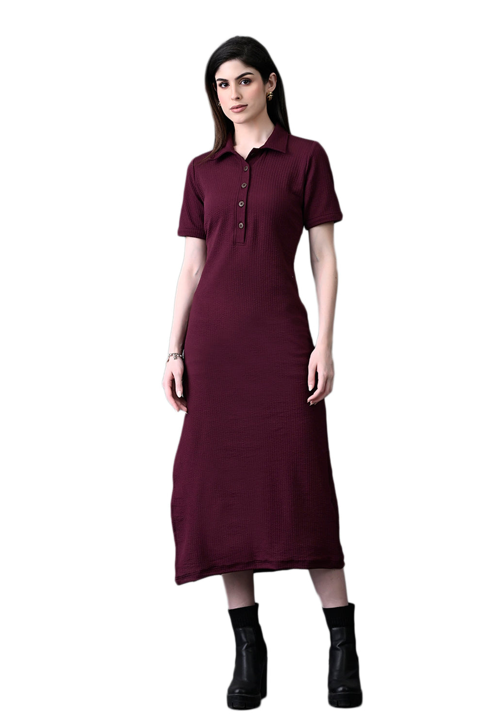 Myshka Women's Elegant Magenta Midi Dress With Collared Neckline | Grocsy