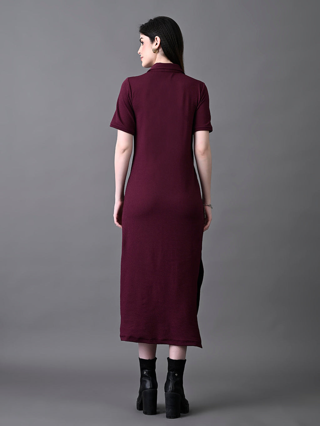 Myshka Women's Elegant Magenta Midi Dress With Collared Neckline | Grocsy