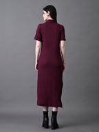 Myshka Women's Elegant Magenta Midi Dress With Collared Neckline | Grocsy