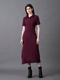 Myshka Women's Elegant Magenta Midi Dress With Collared Neckline | Grocsy