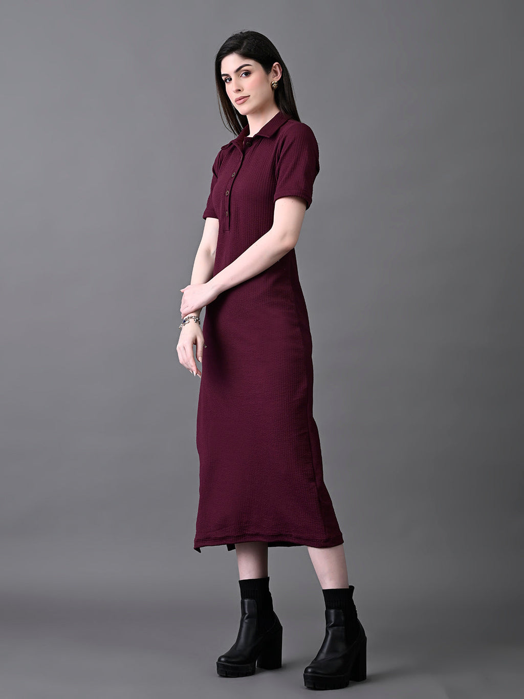 Myshka Women's Elegant Magenta Midi Dress With Collared Neckline | Grocsy