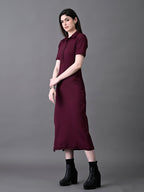 Myshka Women's Elegant Magenta Midi Dress With Collared Neckline | Grocsy