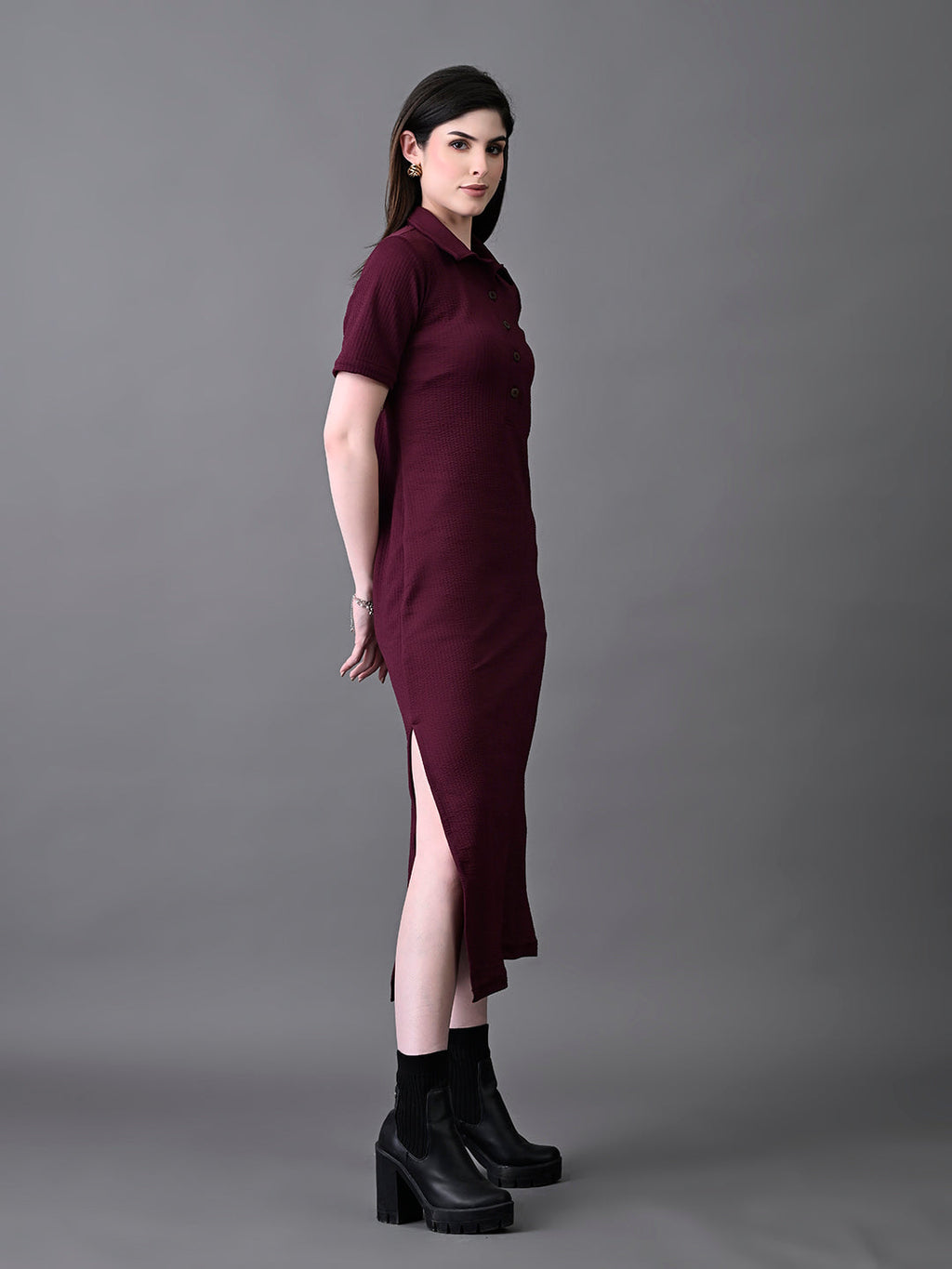 Myshka Women's Elegant Magenta Midi Dress With Collared Neckline | Grocsy