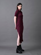Myshka Women's Elegant Magenta Midi Dress With Collared Neckline | Grocsy