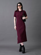 Myshka Women's Elegant Magenta Midi Dress With Collared Neckline | Grocsy