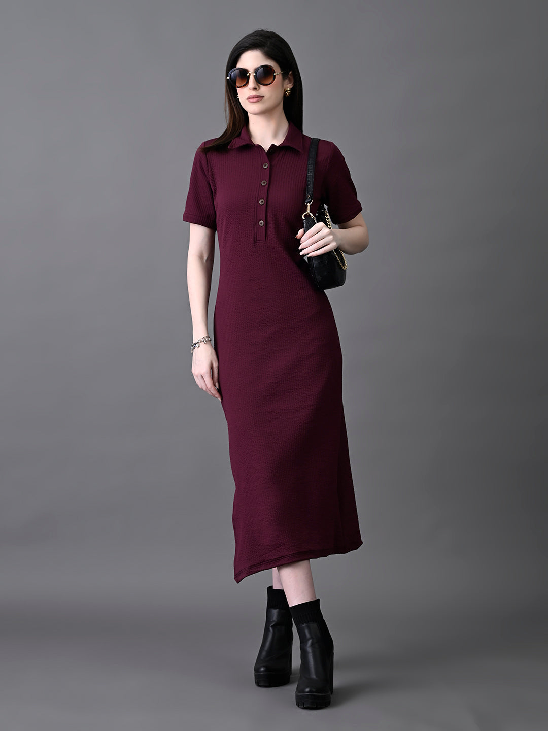 Myshka Women's Elegant Magenta Midi Dress With Collared Neckline | Grocsy