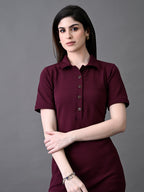 Myshka Women's Elegant Magenta Midi Dress With Collared Neckline | Grocsy