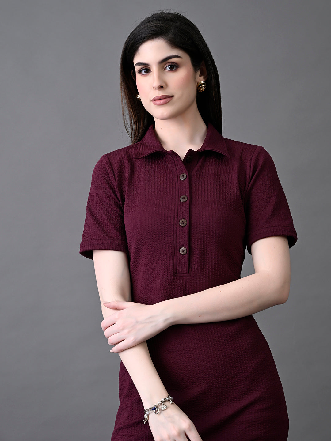 Myshka Women's Elegant Magenta Midi Dress With Collared Neckline | Grocsy