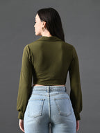 Myshka Women's Stylish Olive Green Wrap Crop Top With Full Sleeves | Grocsy