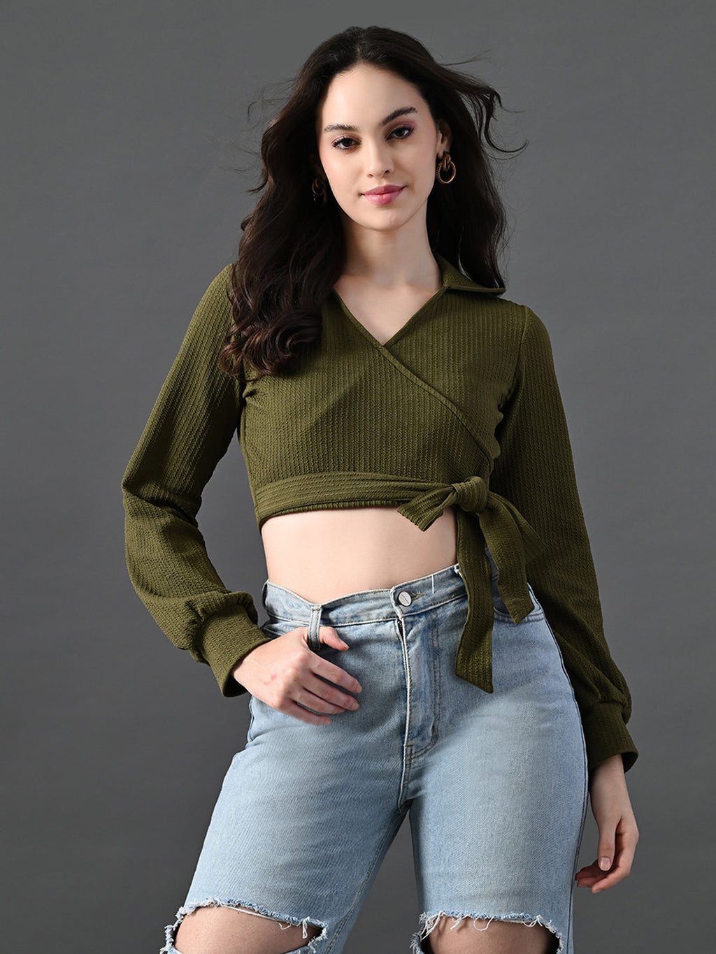 Myshka Women's Stylish Olive Green Wrap Crop Top With Full Sleeves | Grocsy