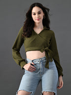 Myshka Women's Stylish Olive Green Wrap Crop Top With Full Sleeves | Grocsy