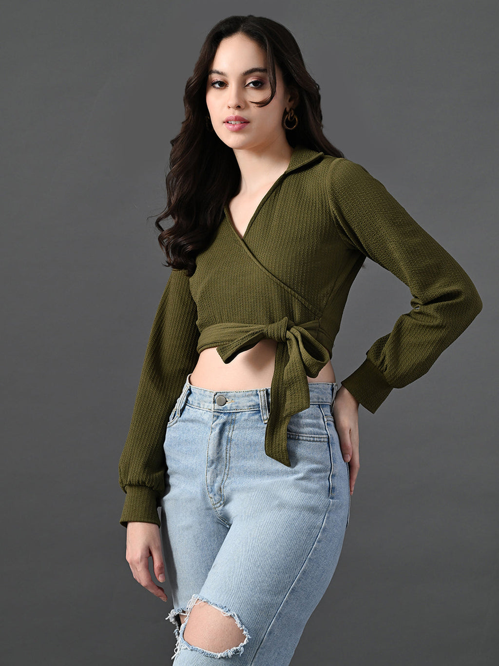 Myshka Women's Stylish Olive Green Wrap Crop Top With Full Sleeves | Grocsy