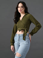 Myshka Women's Stylish Olive Green Wrap Crop Top With Full Sleeves | Grocsy
