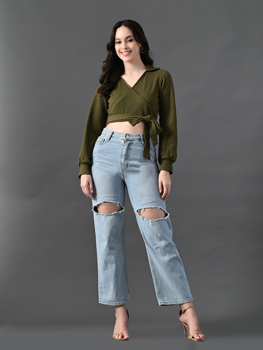 Myshka Women's Stylish Olive Green Wrap Crop Top With Full Sleeves | Grocsy
