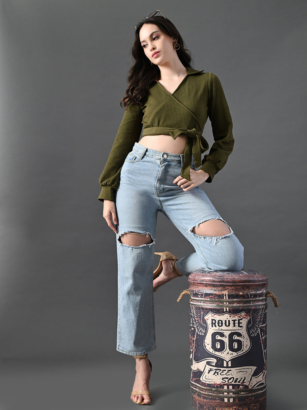 Myshka Women's Stylish Olive Green Wrap Crop Top With Full Sleeves | Grocsy