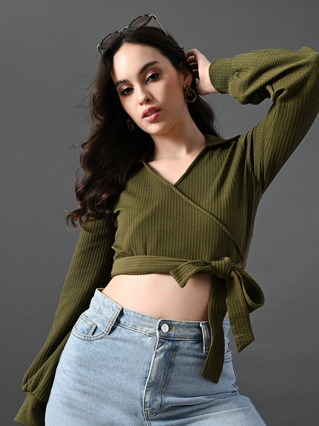 Myshka Women's Stylish Olive Green Wrap Crop Top With Full Sleeves | Grocsy