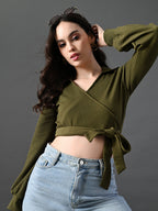 Myshka Women's Stylish Olive Green Wrap Crop Top With Full Sleeves | Grocsy