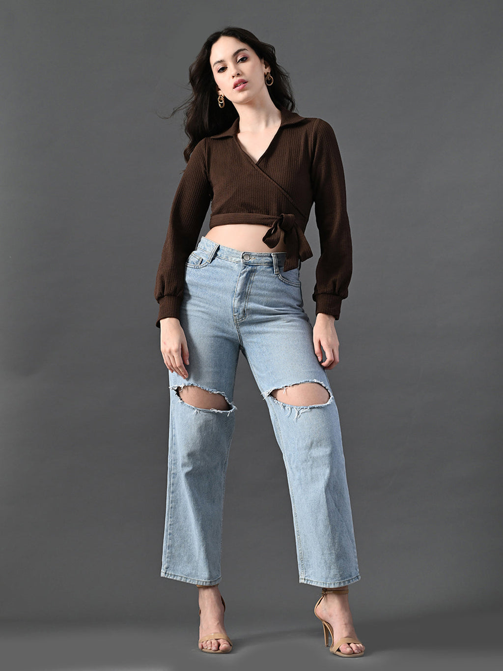 Myshka Women's Stylish Coffe Wrap Crop Top With Full Sleeves | Grocsy