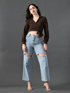 Myshka Women's Stylish Coffe Wrap Crop Top With Full Sleeves | Grocsy