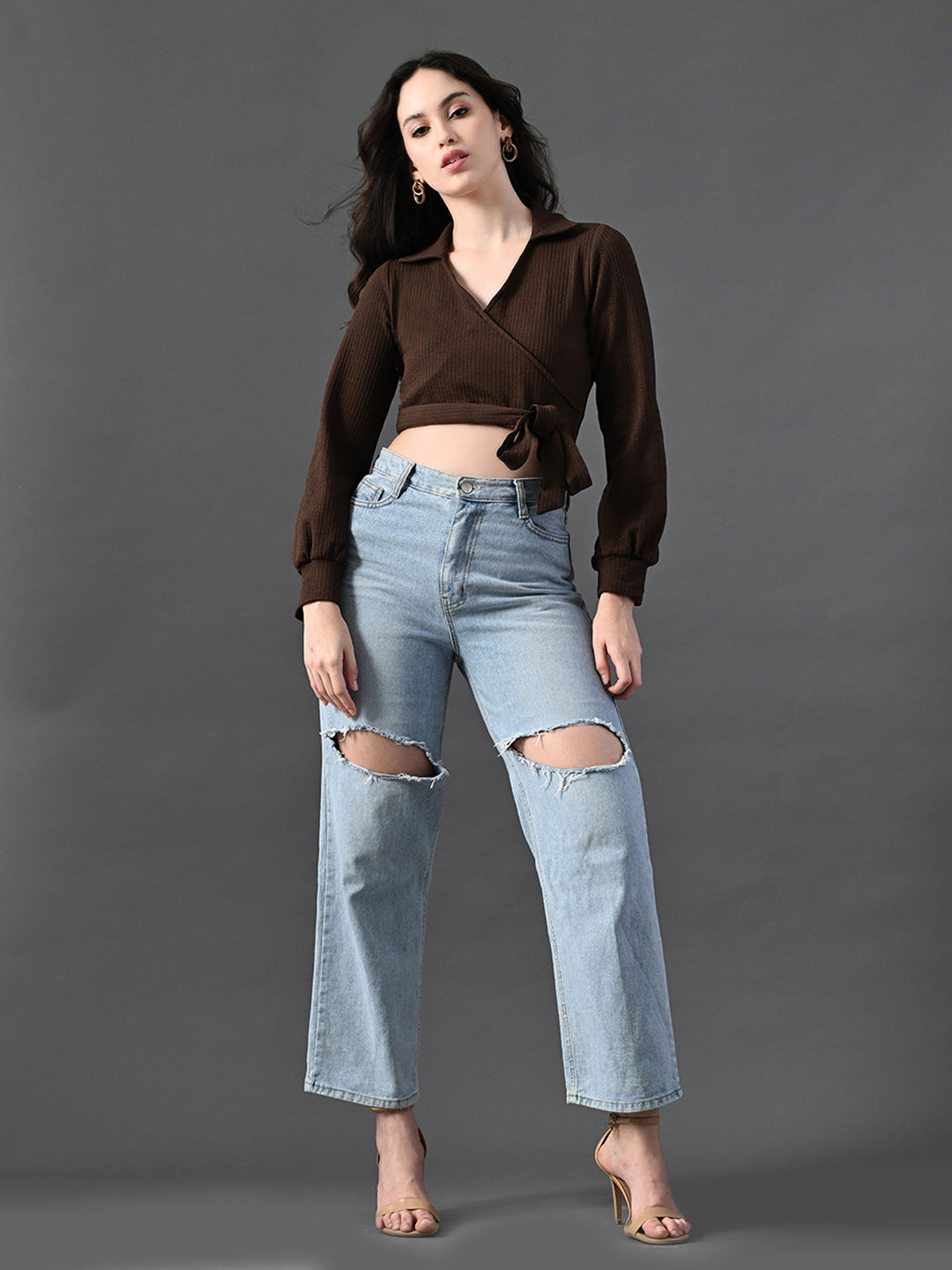 Myshka Women's Stylish Coffe Wrap Crop Top With Full Sleeves | Grocsy