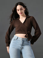 Myshka Women's Stylish Coffe Wrap Crop Top With Full Sleeves | Grocsy