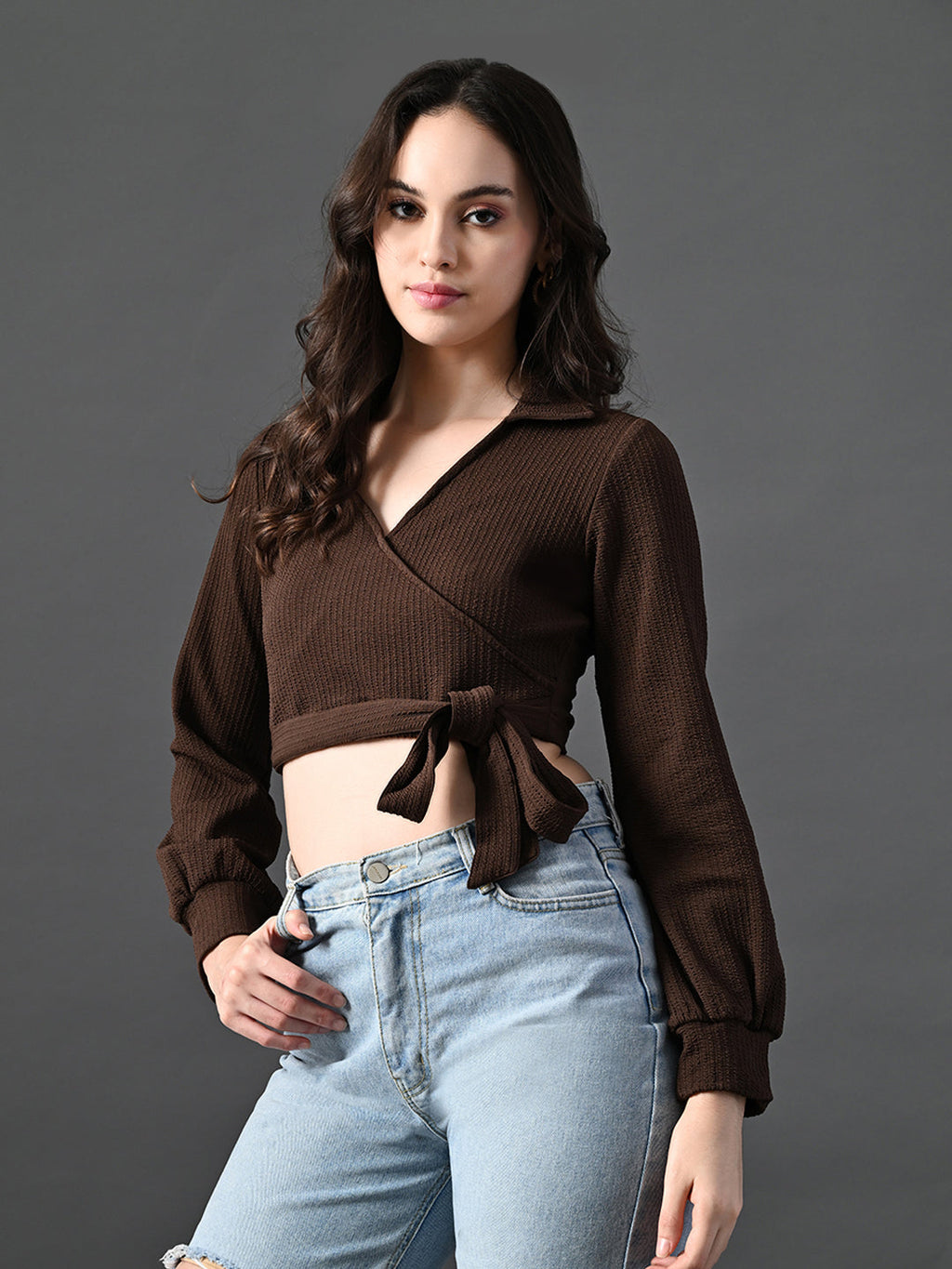 Myshka Women's Stylish Coffe Wrap Crop Top With Full Sleeves | Grocsy