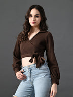 Myshka Women's Stylish Coffe Wrap Crop Top With Full Sleeves | Grocsy