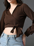 Myshka Women's Stylish Coffe Wrap Crop Top With Full Sleeves | Grocsy