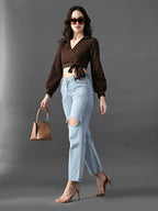 Myshka Women's Stylish Coffe Wrap Crop Top With Full Sleeves | Grocsy