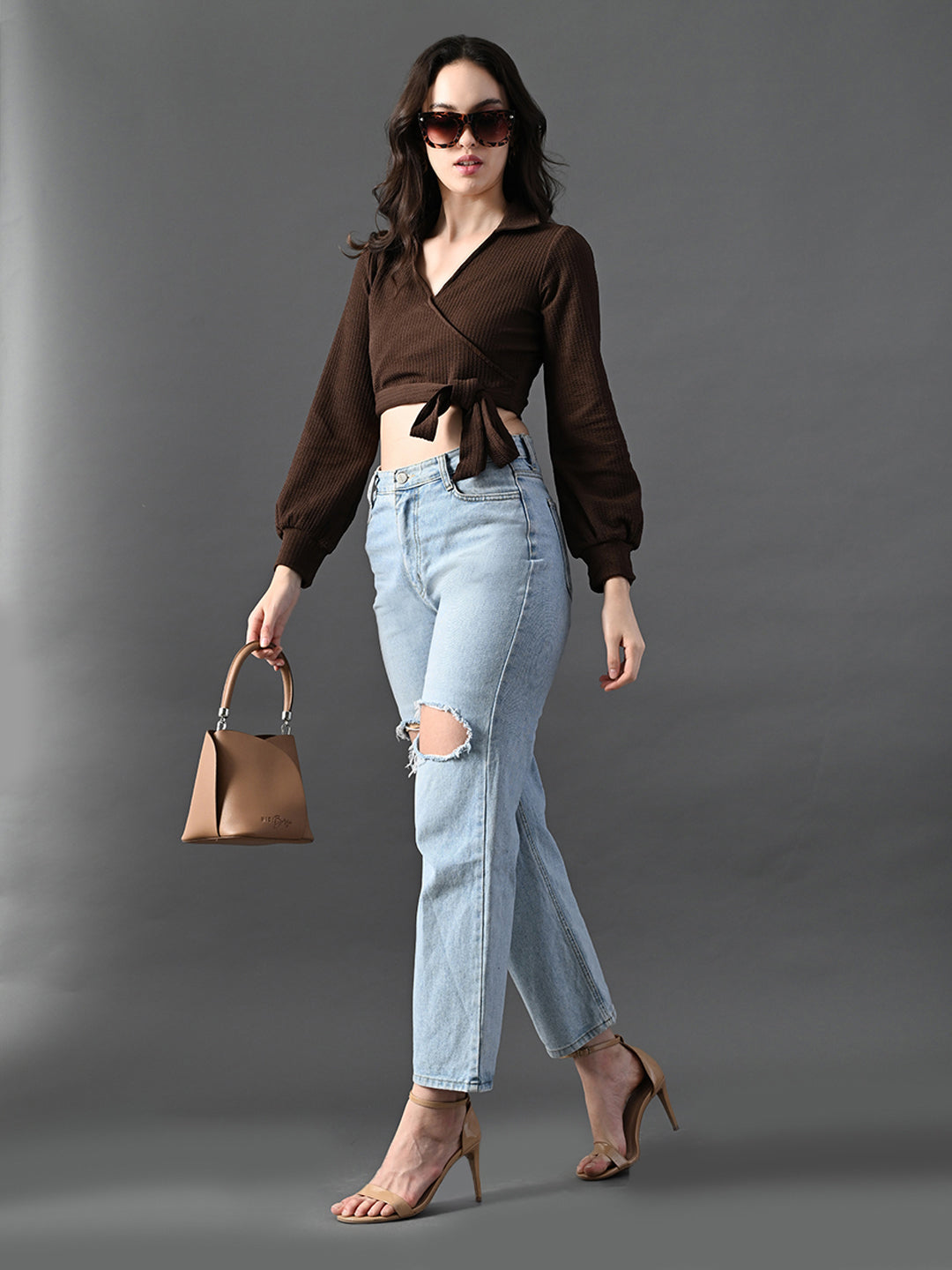 Myshka Women's Stylish Coffe Wrap Crop Top With Full Sleeves | Grocsy