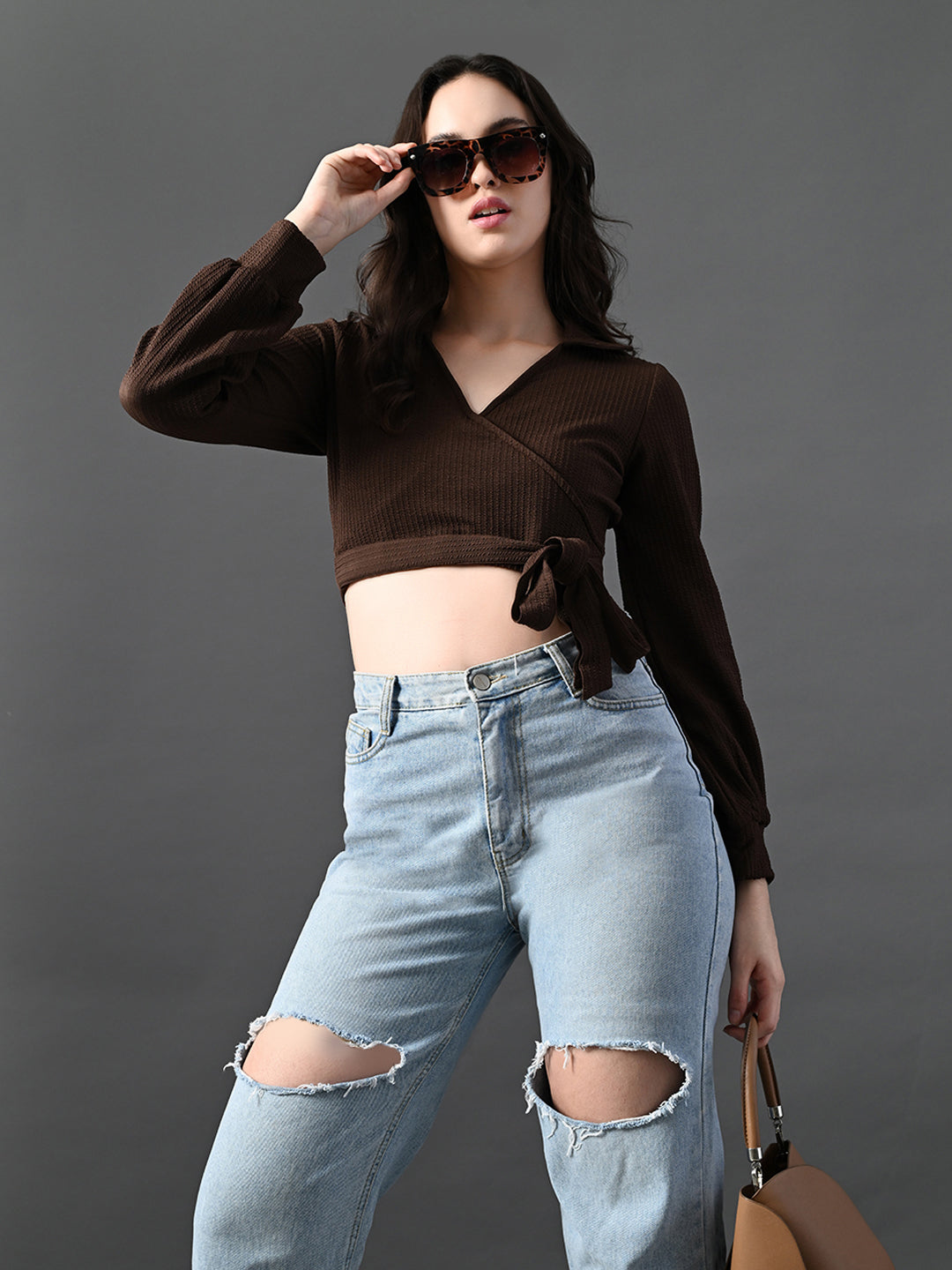 Myshka Women's Stylish Coffe Wrap Crop Top With Full Sleeves | Grocsy