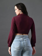 Myshka Women's Stylish Magenta Wrap Crop Top With Full Sleeves | Grocsy