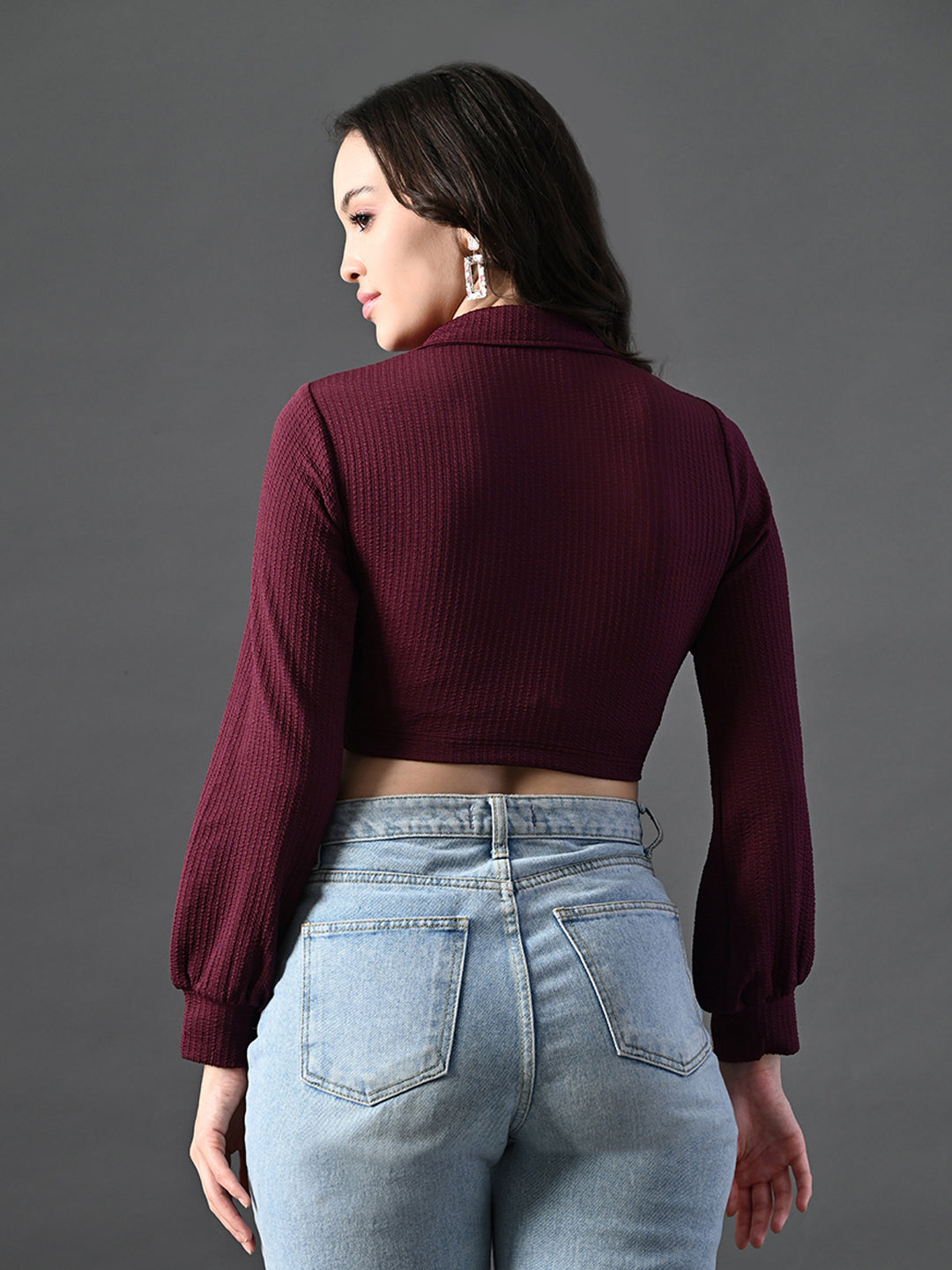 Myshka Women's Stylish Magenta Wrap Crop Top With Full Sleeves | Grocsy