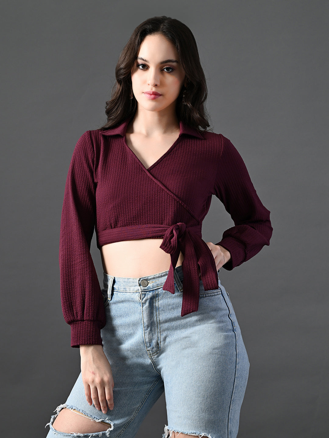 Myshka Women's Stylish Magenta Wrap Crop Top With Full Sleeves | Grocsy
