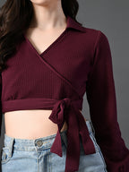Myshka Women's Stylish Magenta Wrap Crop Top With Full Sleeves | Grocsy