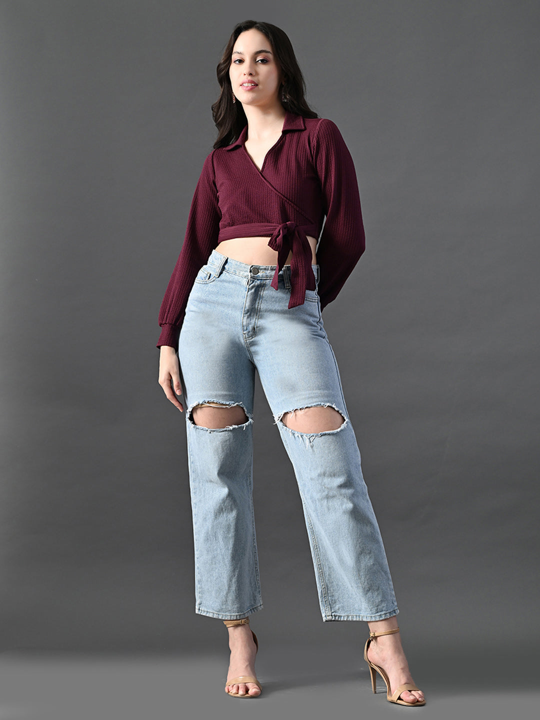 Myshka Women's Stylish Magenta Wrap Crop Top With Full Sleeves | Grocsy