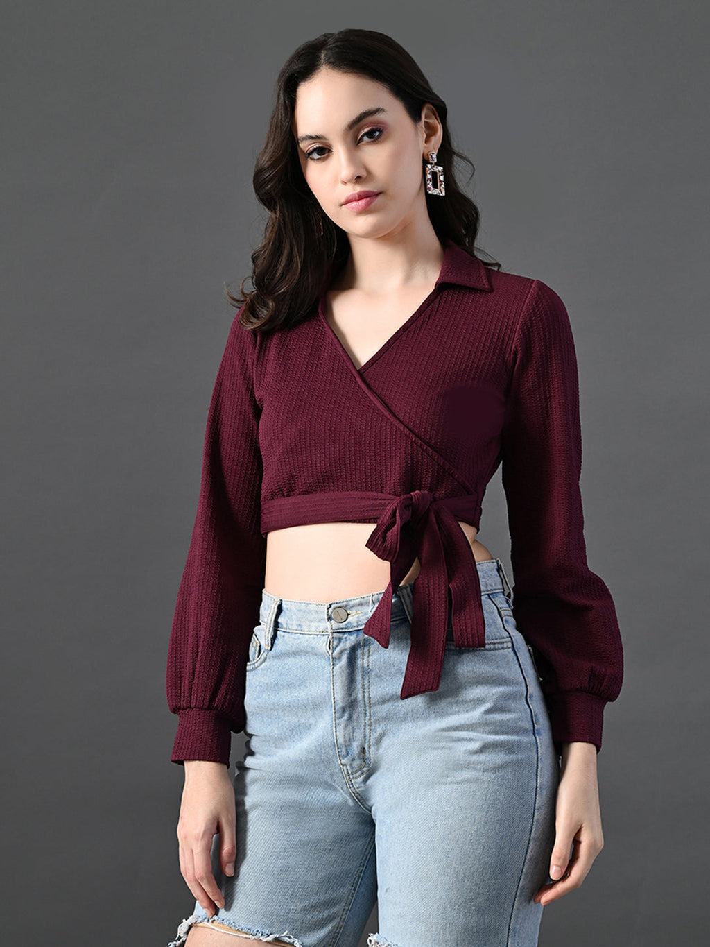 Myshka Women's Stylish Magenta Wrap Crop Top With Full Sleeves | Grocsy