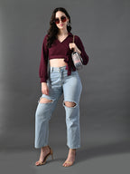 Myshka Women's Stylish Magenta Wrap Crop Top With Full Sleeves | Grocsy