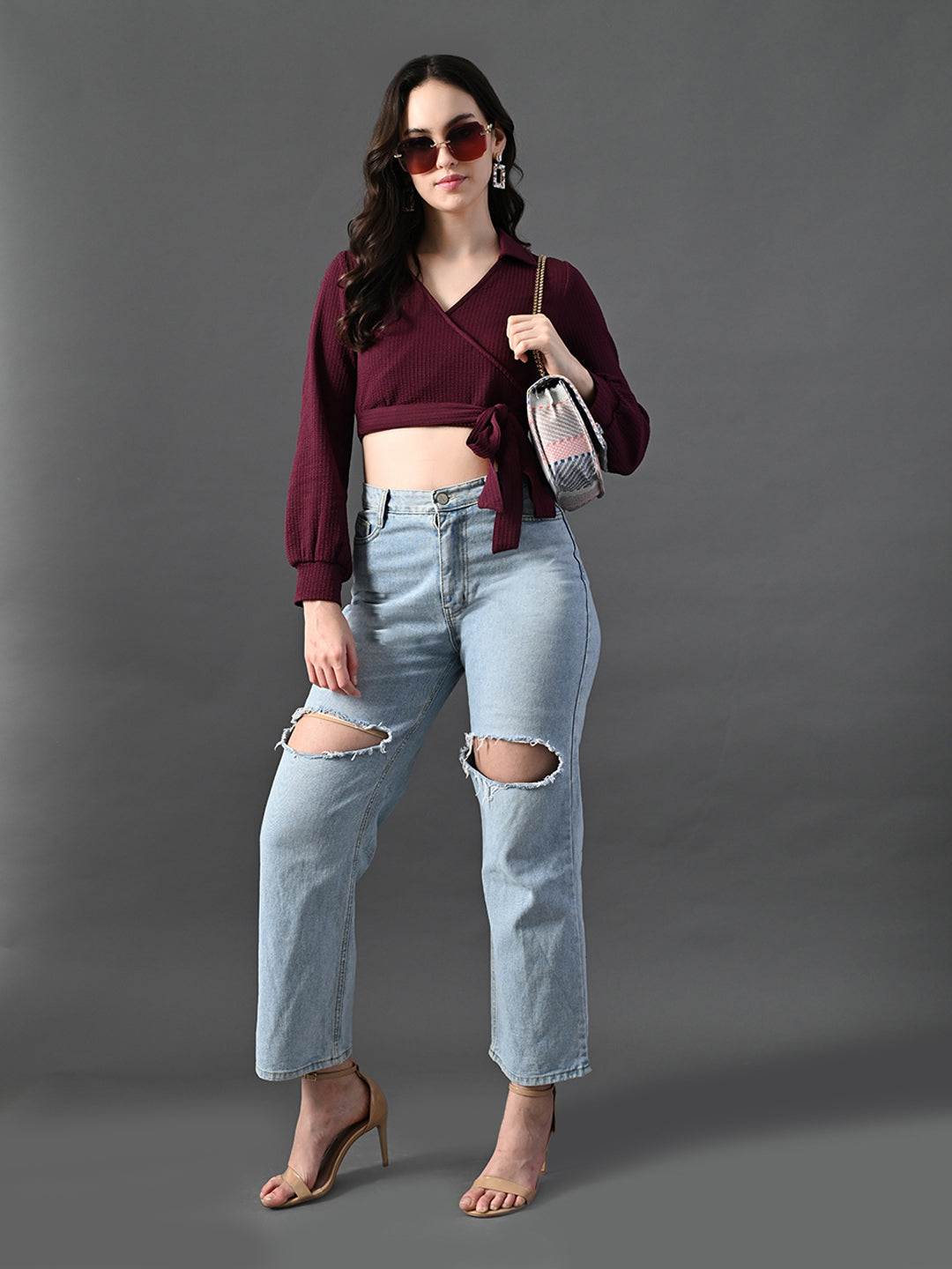 Myshka Women's Stylish Magenta Wrap Crop Top With Full Sleeves | Grocsy