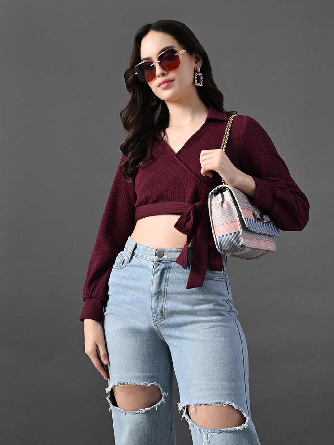 Myshka Women's Stylish Magenta Wrap Crop Top With Full Sleeves | Grocsy