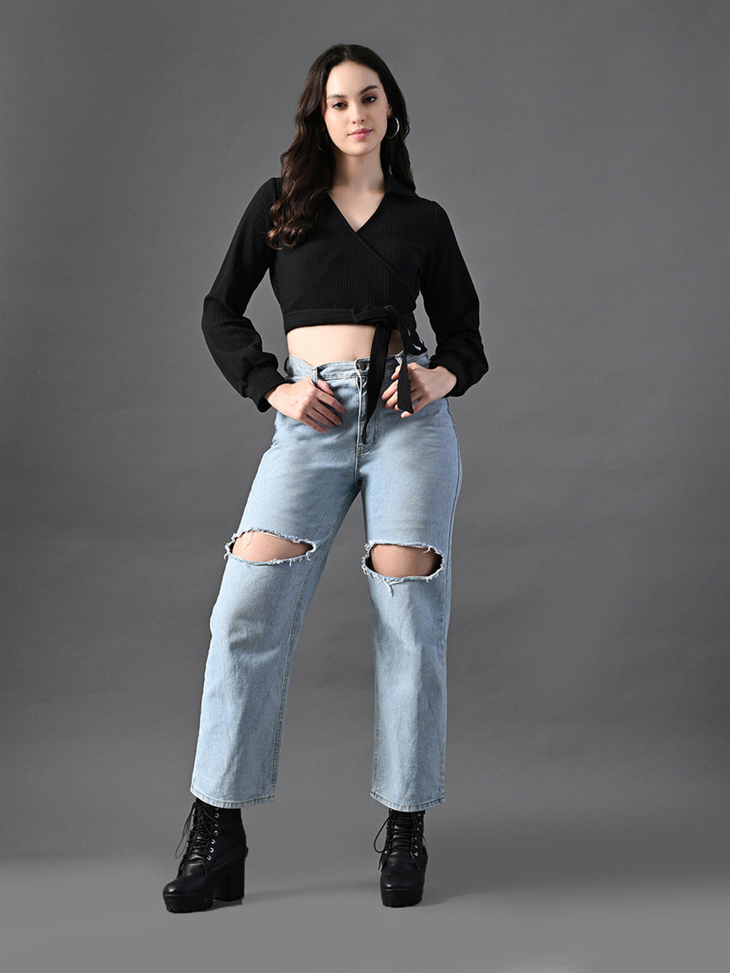 Myshka Women's Stylish Black Wrap Crop Top With Full Sleeves | Grocsy